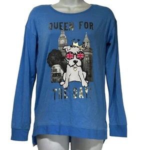 Justice Queen For a Day London Dog Phone Booth Bus Blue Pullover Sweater Size 14 - Picture 1 of 6