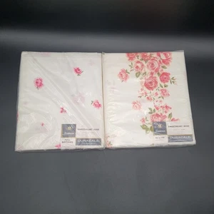 Vtg Fieldcrest Duracale  Sweetheart Rose Flat Sheet 81x108 & Full Bottoms - Picture 1 of 6
