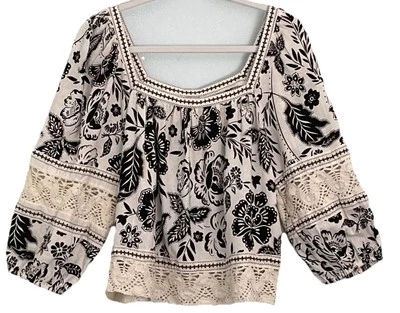 Christian Siriano Top L Linen Rayon Ivory & Black Floral Crochet Boho Peasant - Image 1 of 4