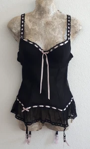 La Senza Black Babydoll/ Corset With Pink Polka Dot Ribbon Trim Size UK 16 - Picture 1 of 5