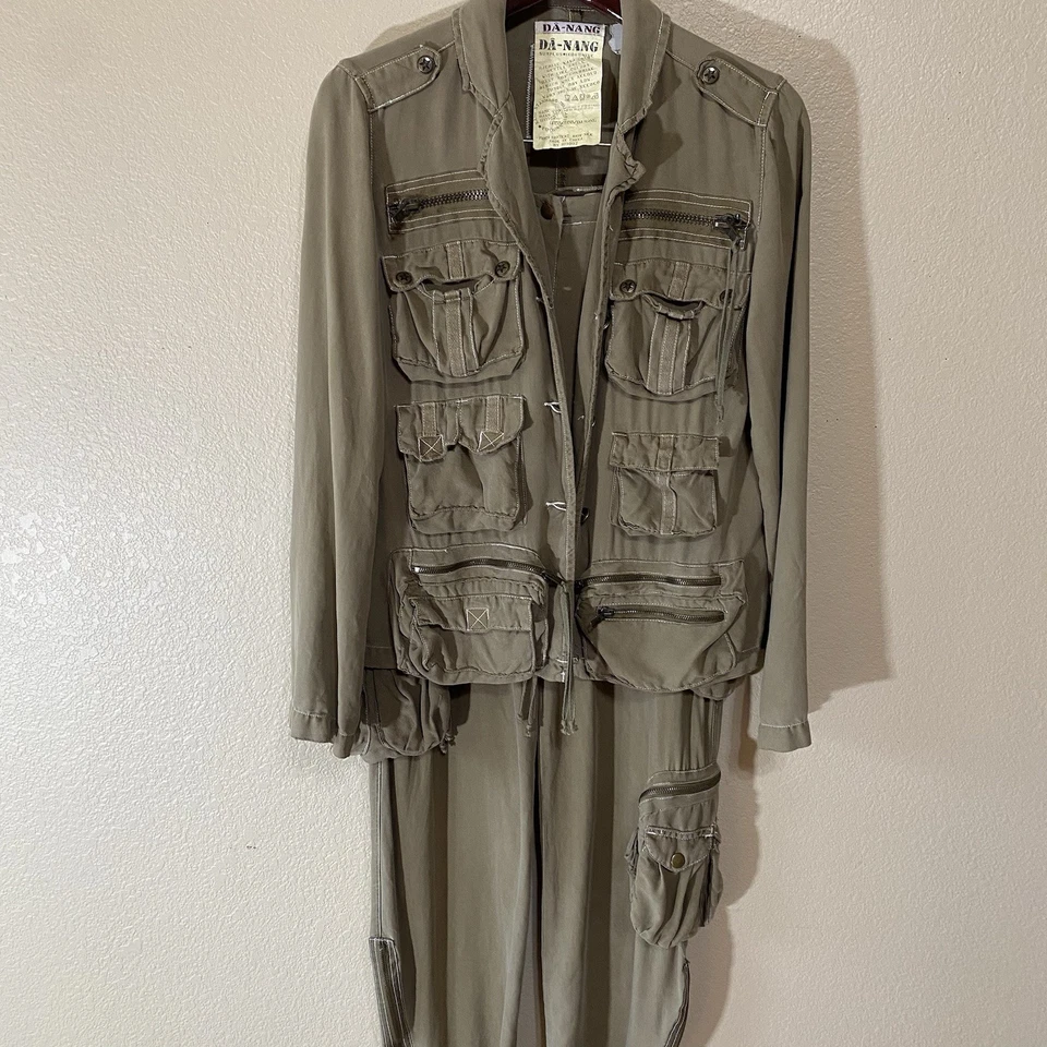 Chaqueta y pantalones cargo Da-Nang 100 % seda 2 piezas estilo militar Y2K para mujer talla S” Foto 1 de 4