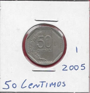 PERU 50 CENTIMOS 2005 NATIONAL ARMS,ACCENT ABOVE U,WITHOUT BRAILLE DOTS,ACCENT A - Picture 1 of 2