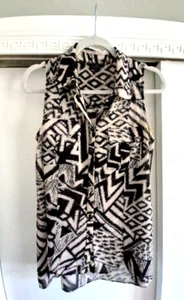 Guess Sheer Blouse Sleeveless Collared Geometric Tan & Black Size M - Picture 1 of 15
