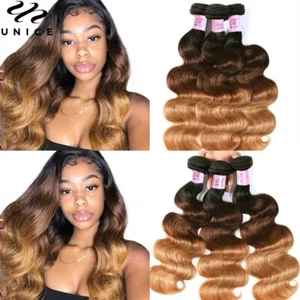 UNice Cambodian Ombre Brown Body Wave 3 Bundles Human Hair Weave Hair Extensions - Picture 1 of 14