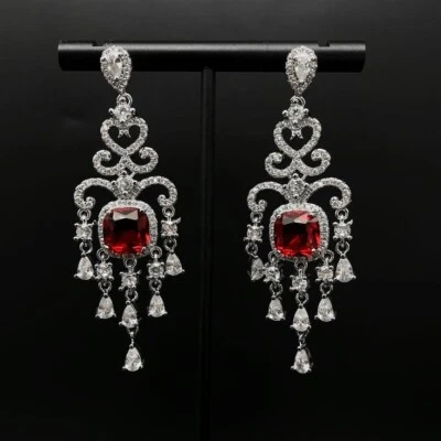 Simulated 38.92 TCW Cushion Ruby & Multi Cut Sapphire Bridal Chandelier Earrings - Image 1 of 4