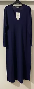 ZARA MIDNIGHT BLUE LONG V-NECK VISCOSE BLEND KNIT DRESS WITH FLARE HEM SIZE M - Picture 1 of 11