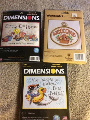 Dimensions Stamped Cross Stitch Kit 7x5” Enough Coffee Troubles Blow Bubbles Lot - Image 1 of 2