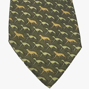 Valentino Mens Necktie Foulard Cat Print 100% Silk Olive Green Made in Italy Tie - Picture 1 of 7