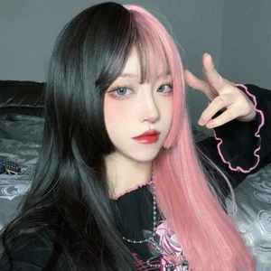 Women Girl Two-tone Wig Long Straight Hair Japanese Harajuku Lolita Punk Gothic - Picture 1 of 17
