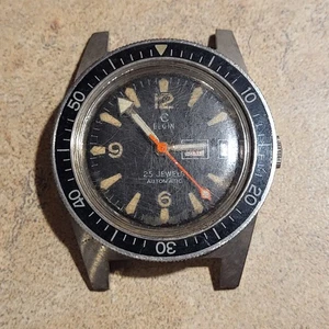 Vtg Elgin Wristwatch Only 25 JEWELS Diver M135 PARTS Blue 60s FIS - Picture 1 of 5