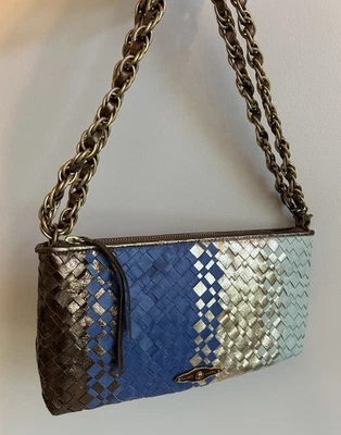 ELLIOT LUCCA Tejido Cuero Azul Metálico Dorado Bandolera Cartera Bolso de Mano Hombro Foto 1 de 4
