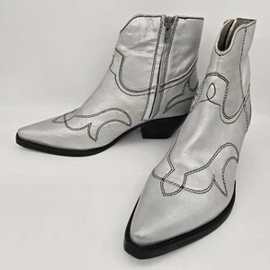 COCONUTS Matisse Embroidered LEATHER Ankle Boot Women Size 6 Silver Shiny Zip Up - Picture 1 of 23