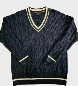 Banana Republic Navy Blue Cable Knit V-Neck Sweater S Tennis Academia Preppy - Picture 1 of 8