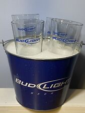 RARE-4 New Bud Light Pint Glasses With Metal Beer Ice Pail W/Handle Gift Set-NEW