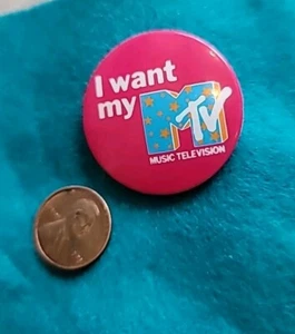 I Want My MTV Pin Original Metal Vintage 80s Pinback Button 1982 Pink Blue - Picture 1 of 3