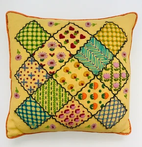 Vintage Yellow Crewel Embroidery FLORAL Throw Pillow 15X15" Cottage 1970's MCM - Picture 1 of 12