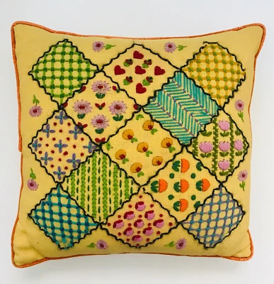 Vintage Yellow Crewel Embroidery FLORAL Throw Pillow 15X15" Cottage 1970's MCM - Image 1 of 4