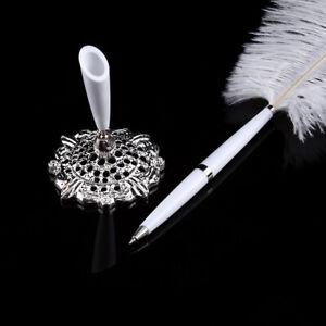 Ostrich Feather Wedding Quill Signing Ballpoint Writing Pen W/Metal Holder Ne HG