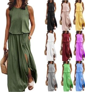 Women's Loose Sleeveless Long Dress Casual Side Slit Halter Long Maxi Beach Dres - Picture 1 of 10