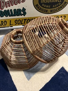 Vintage Mid Century Boho Lamp Shades Rattan Wicker 16” Geometric Super Cute Pair - Picture 1 of 17