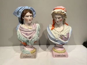 Antique Mauger & Letu French Bisque Porcelain Pair Female Busts Alsace & Lorrain - Picture 1 of 17