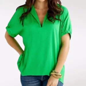 Caryn Lawn Betsy Top Green V-Neck Tunic Short Sleeves OS - Picture 1 of 10