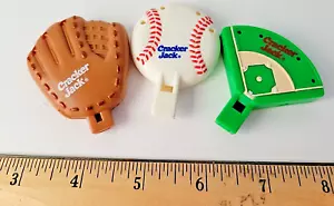 3 Cracker Jack prizes, give a ways Plastic Whistles Baseball, Glove, Feild 2000 - Picture 1 of 3