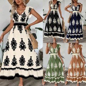 Women Floral Printed Summer Boho Midi Dress Ladies Beach V Neck Dress Party Gown - Picture 1 of 22