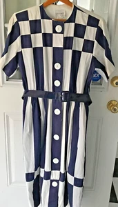 VESTIDO DE COLECCIÓN ADRIAN-AVERY & CO AZUL MARINO Y BLANCO A RAYAS Y GRANDES BOTONES BLANCOS SS - Imagen 1 de 7
