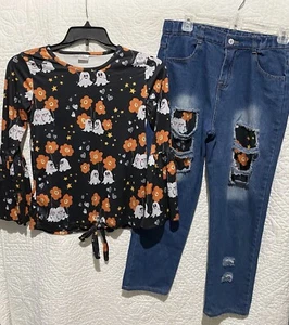Boutique Ghost Floral Shirt W/Distressed Patterned Jeans Girls Outfit-5X(12-14) - Picture 1 of 13