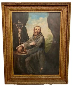 Antiguo óleo de San Francisco de Asís con marco dorado. Siglo XVIII. 134x105x8cm - Imagen 1 de 7