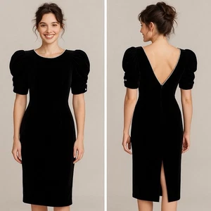 STUNNING *VIDEO* VTG Black Velvet Rhinestones Deep V Back Fitted Formal Dress 14 - Picture 1 of 16