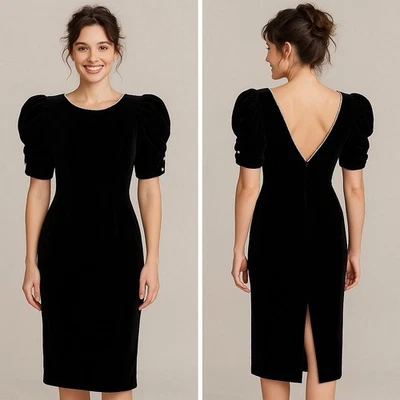 STUNNING *VIDEO* VTG Black Velvet Rhinestones Deep V Back Fitted Formal Dress 14 - Image 1 of 4