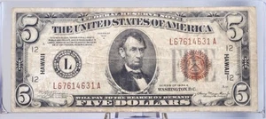 1934 5 Dollar Hawaii Overprint FRN - VF (Very Fine) Grade - 1935 Hawaii Five Dol - Picture 1 of 2
