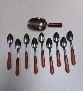 Vintage MCM Bakelight? Stainless Spoon Set Of 9 And Level Full Coffee Scoop USA - Picture 1 of 10