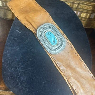 人造皮革雄鹿皮西南皮带带大号人造绿松石深镍扣 — 第 1/4 张图片