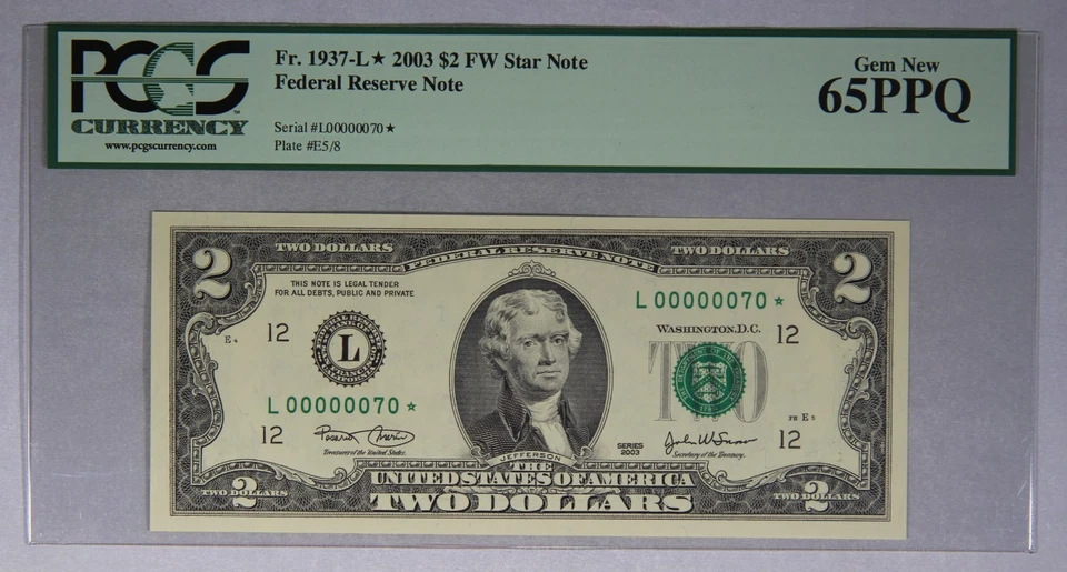 $2 Federal Reserve Note Fr. 1937-L* 2003 $2 FW Star Note PCGS 65PPQ Low Serial # - Image 1 of 3