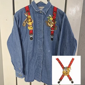 Disney Winnie The Pooh & Friends Suspender Embroidered Denim Button Up Shirt L - Picture 1 of 10