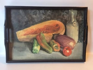 Bandeja para servir madera de colección naturaleza muerta verduras leche pintura negra 17" X 12" - Imagen 1 de 3