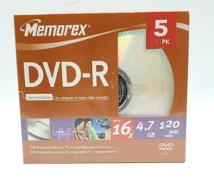 Memorex DVD-R 5 Pack Recordable 16X 4.7GB 120 Min New Sealed - Picture 1 of 6