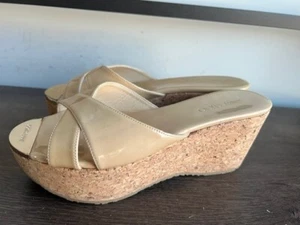 JIMMY CHOO Wedges Sandals Tan Patent Leather Platform Shoes Panna sz 38.5/7 M - Picture 1 of 8