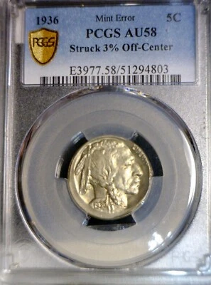 1936 ERROR PCGS AU58 OFF CENTER Buffalo Nickel CH AU Coin Nice O/C  NR - Image 1 of 4
