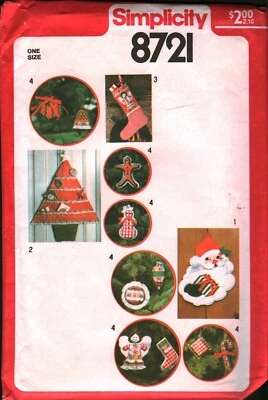 8721 Vintage Simplicity SEWING Pattern Christmas Ornaments Stocking Wall Hanging - Image 1 of 2