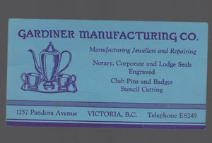 GARDINER MANUFACTURING advertising blotter Victoria BC JEWELRY - Picture 1 of 1