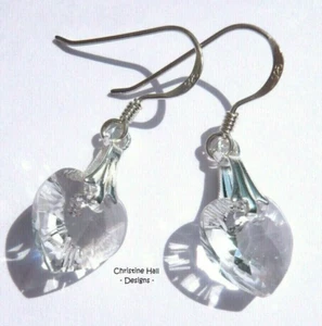Sterling Silver Swarovski Elements CLEAR Crystal Heart Drop Hook Earrings + Box - Picture 1 of 11