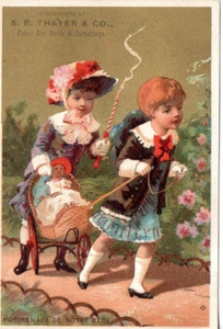 B1-75962. Chromolitho ca 1880 Trade Card Thayer Dry Goods one girl whips another - Picture 1 of 2