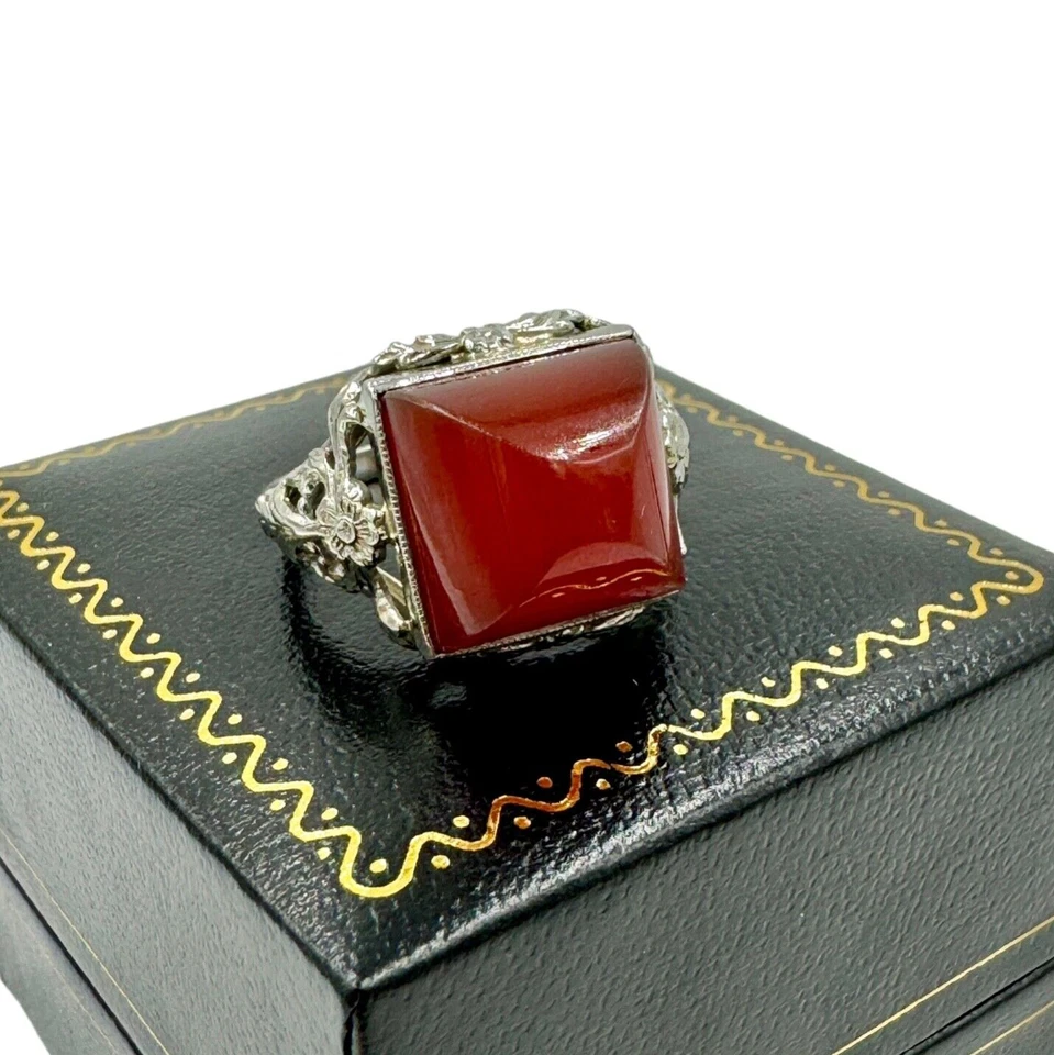 Art Deco 14K White Gold Carnelian Sugar Loaf Stone l Ring - Image 1 of 4