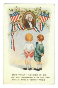 Vintage Patriotic George Washington Postcard Kids Looking at Pic of Washington - Picture 1 of 2