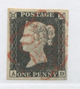 1840 Penny Black AD Plate 1a with 4 huge margins and red MX, Superb! - Picture 1 of 1