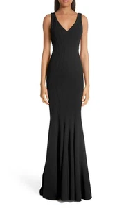 ZAC POSEN Black Seamed Ronnie Stretch Twill Knit Mermaid Bodycon Maxi Gown 12 US - Picture 1 of 12